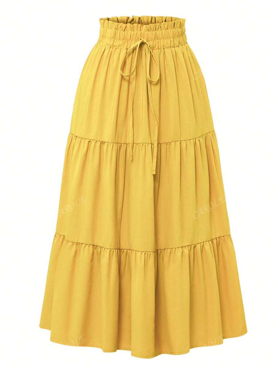 Floral Print Tiered Ruched Elastic Waist Vacation Skirts Yellow | SHEIN