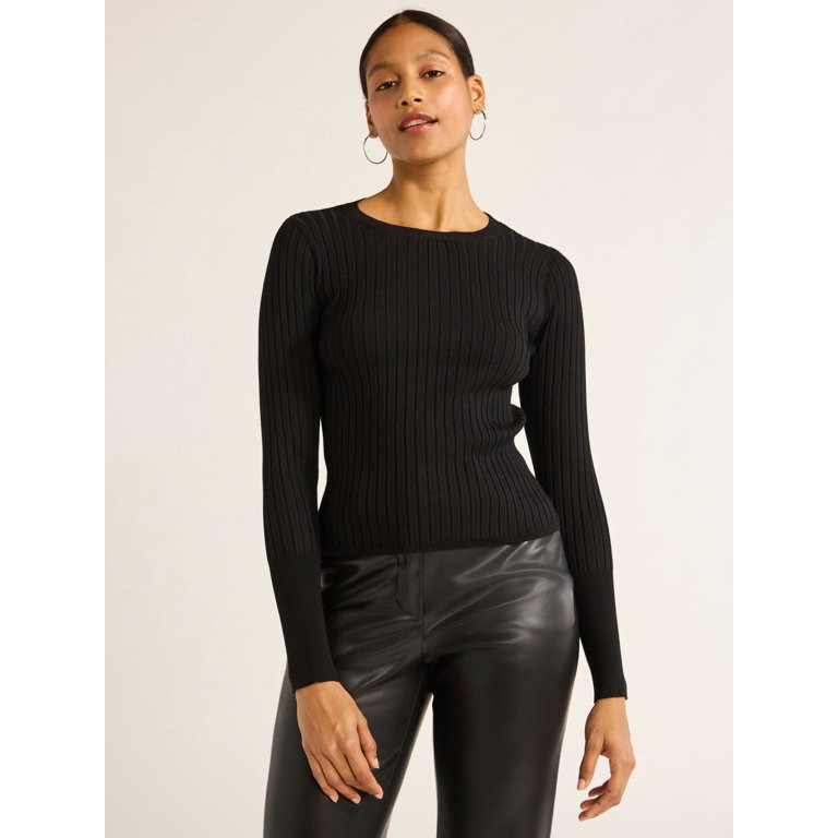 Scoop Women's Wide Ribbed Crewneck Sweater, Lightweight, Sizes XS-XXL | Walmart (US)