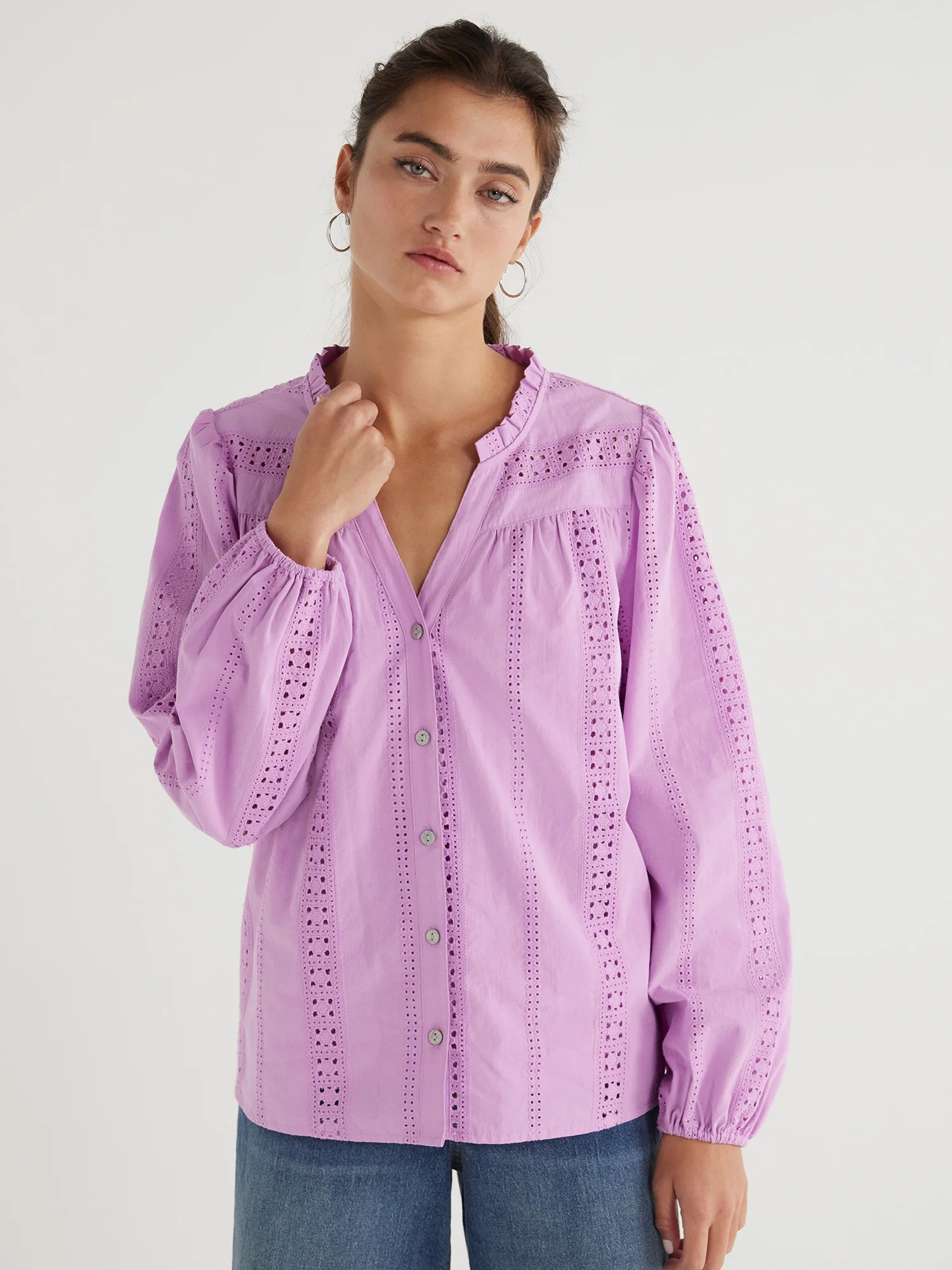 Time and Tru Women's Button Down Shirt with Crochet Trim, Sizes XS-XXXL - Walmart.com | Walmart (US)