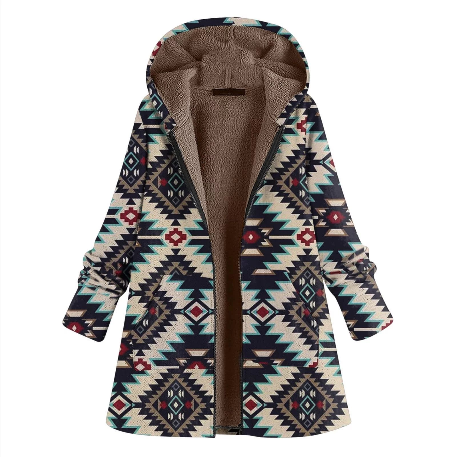 Fuzzy Jackets for Women with Hood Plus Size Long Sleeve Shirts Fall Fashion Aztec Print Zip Up Wa... | Walmart (US)