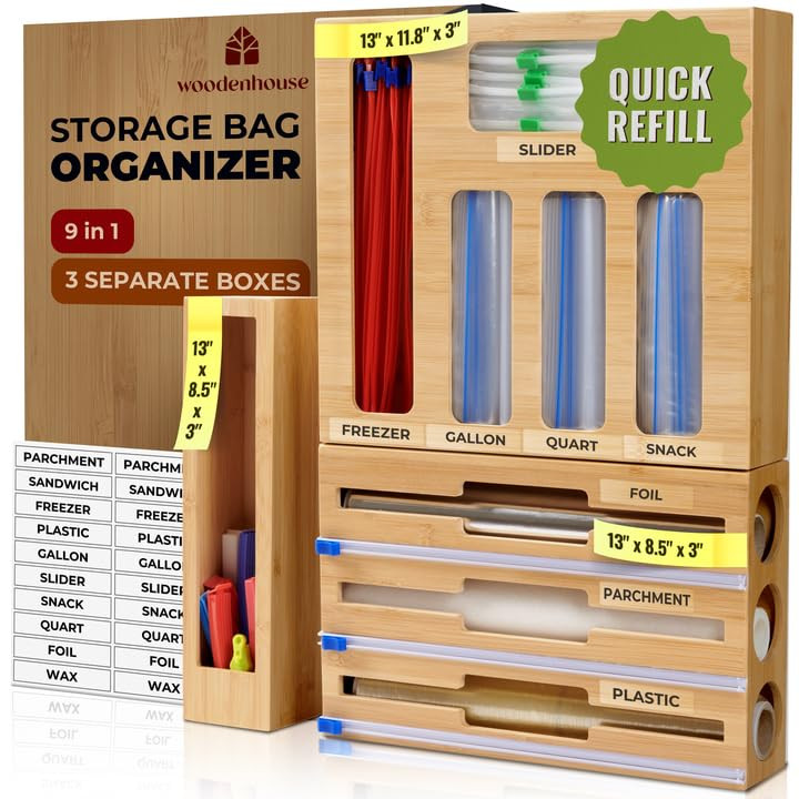 Kitchen Drawer Organizer, 9 in 1 Sandwich Storage Bag Organizer & Foil Wrap Dispenser - Fits Gall... | Amazon (US)