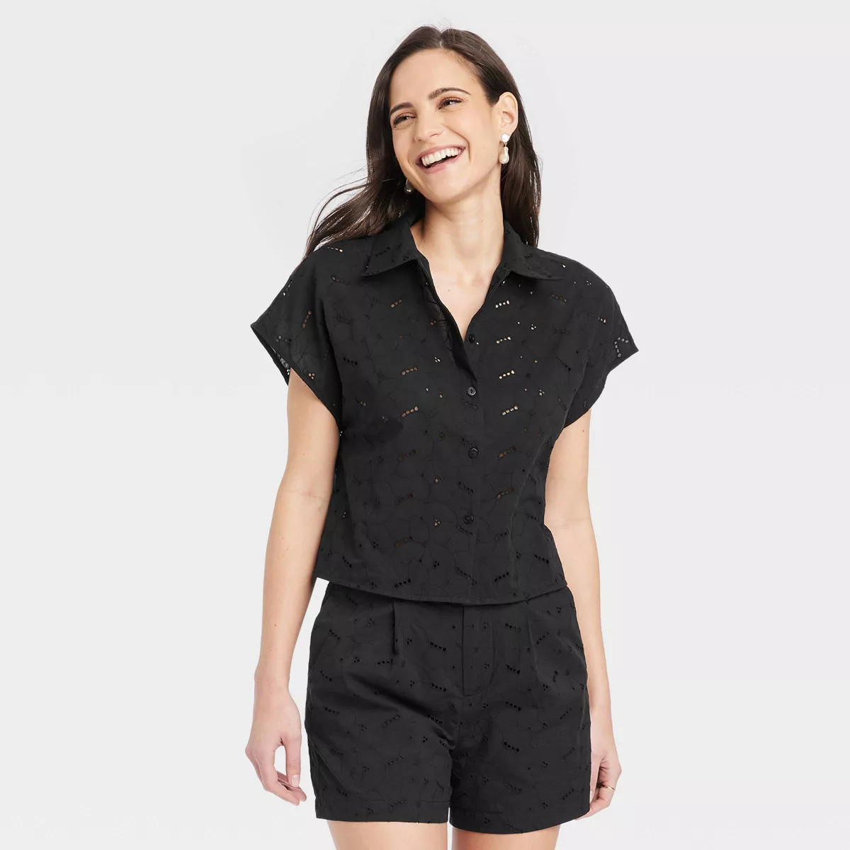 Women's Short Sleeve Eyelet Camp T-Shirt - A New Day™ | Target