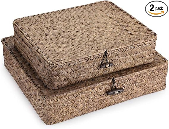 Hipiwe Set of 2 Flat Woven Wicker Storage Bins with Lid Natural Seagrass Basket Boxes Multipurpos... | Amazon (US)