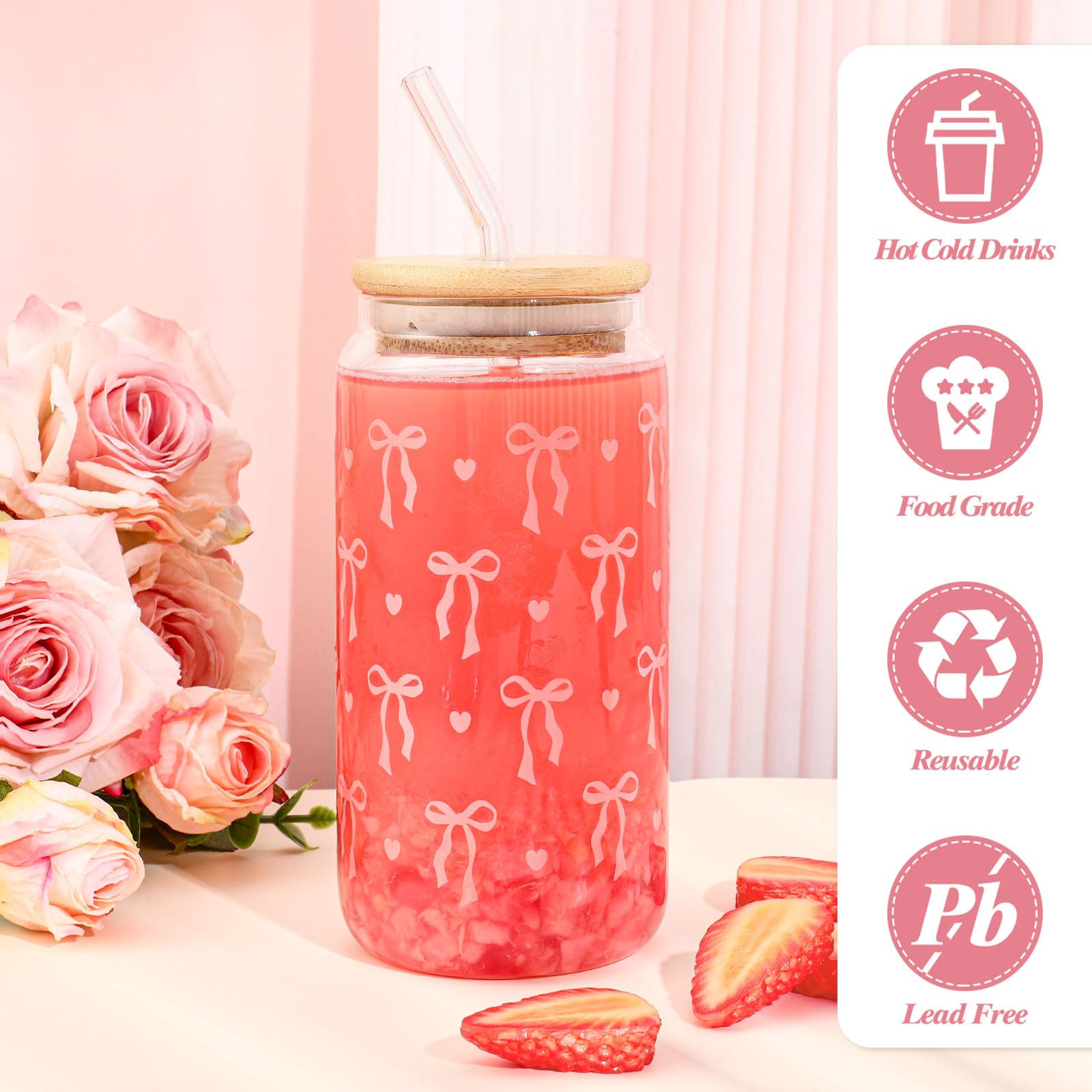 2 Pcs Coquette Cute Pink Bow Glasses Cups, 16 oz Valentine's Day Glass Cups with Lids and Straws ... | Amazon (US)