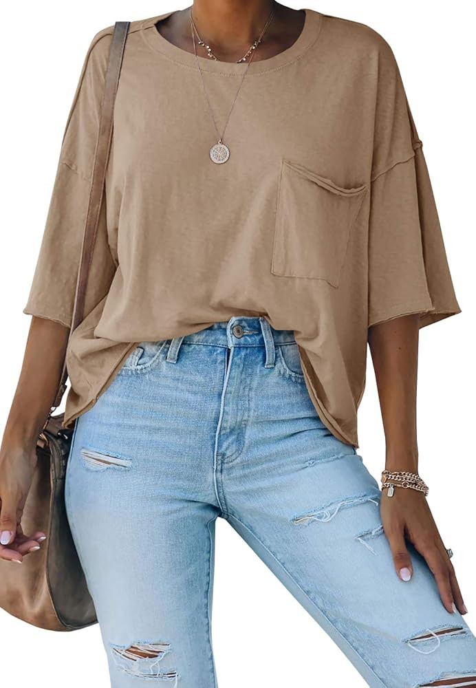 Kathemoi Womens Crewneck Half Sleeve T Shirt Summer Pullover Casual Blouse Tops with Pockets | Amazon (US)