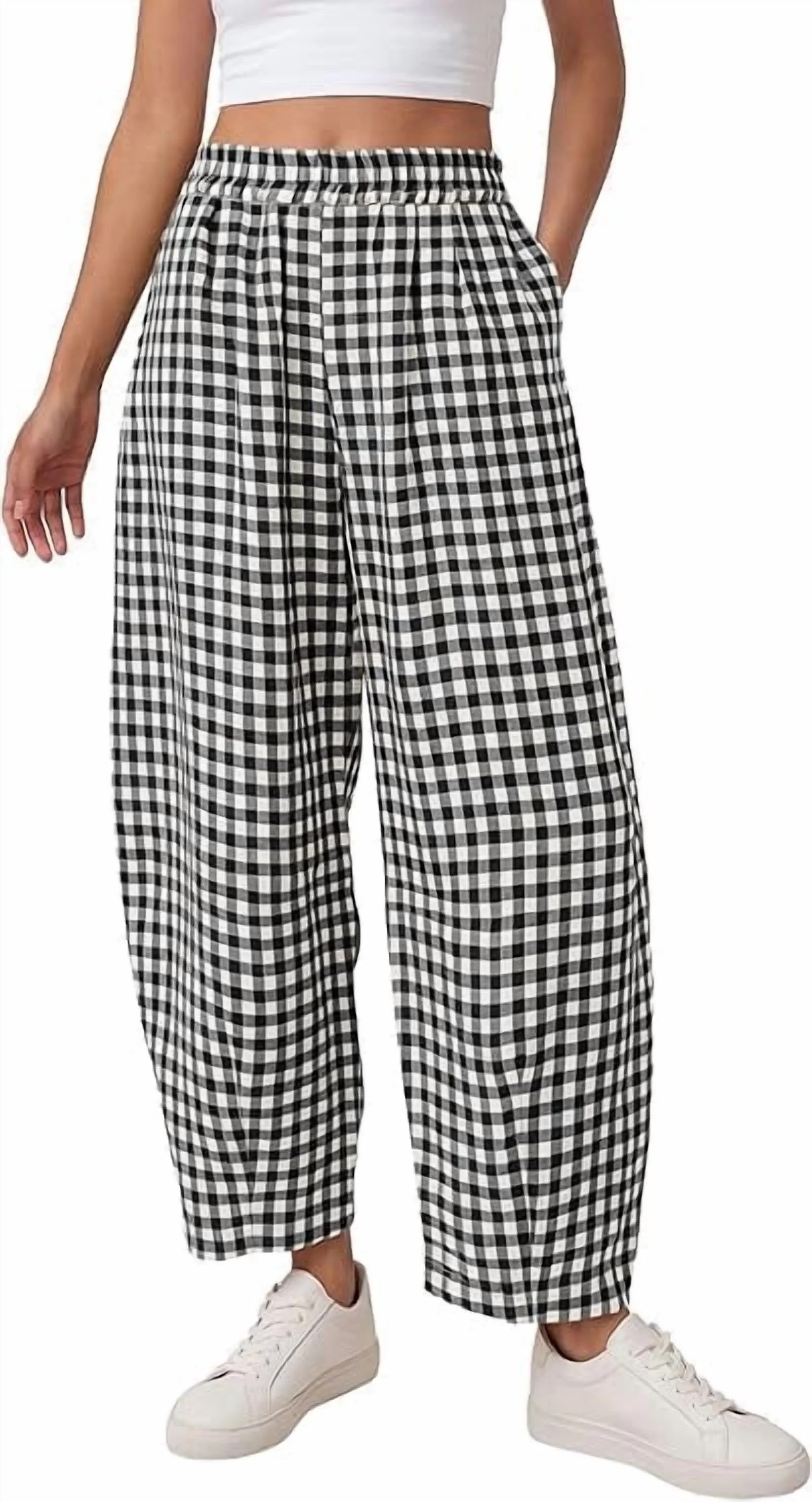 PRETTYGARDEN Plaid Barrel Pants Women Summer Casual Loose Wide Leg Lounge Gingham Trousers Spring... | Walmart (US)