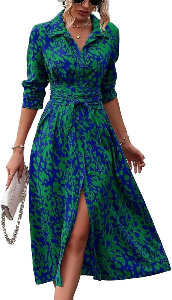 V Neck Long Sleeve Maxi Dress for Ladies Waist-Cinching Pleated Button Down Belted Shirt Dresses | Amazon (US)