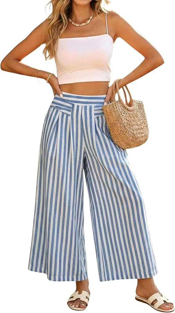 Hooever Women's Stripe Wide Leg Culotte Pants Summer High Elastic Waisted Palazzo Pants with Pock... | Amazon (US)