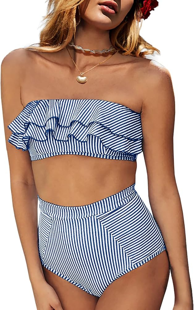 Amazon.com: Saodimallsu Women High Waisted 2 Piece Bikini Set Bandeau Ruffle Swimsuit Top Striped... | Amazon (US)