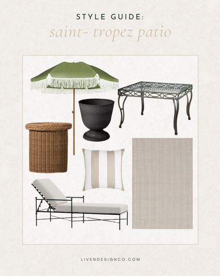 Patio decor. Chic patio. Outdoor black chaise lounge. Striped outdoor pillow. Cabana striped pillow. Fringe patio umbrella. Olive green. Woven wicker patio side accent table. Wicker furniture. Wrought iron patio coffee table. Striped neutral outdoor rug. Black urn planter. Patio decor. 

#LTKSeasonal #LTKStyleTip #LTKHome