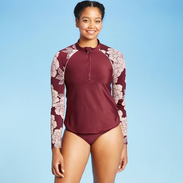 Women's Long Sleeve Mock Neck Rash Guard - All in Motion™ Burgundy Floral | Target