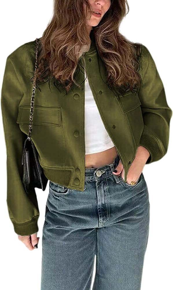Seetaa Bomber Jacket Casual Button Down Jackets for Women Cropped Outwear Coat with Pockets | Amazon (US)