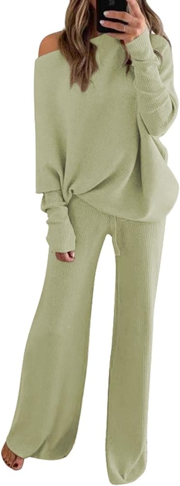 Linsery Womens 2 Piece Outfits One Shoulder Knit Sweater Pullovers Wide Leg Pants Sets Sweatsuit ... | Amazon (US)