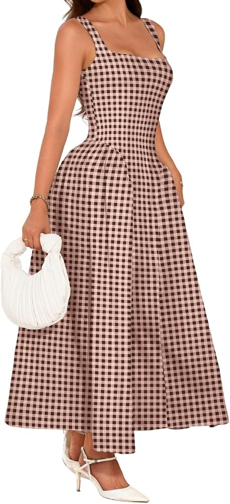 ChiaoLezhee Plaid Maxi Dress, A-Line Drop-Waist, Wedding Guest Tea Party, Pastel Gingham Square N... | Amazon (US)