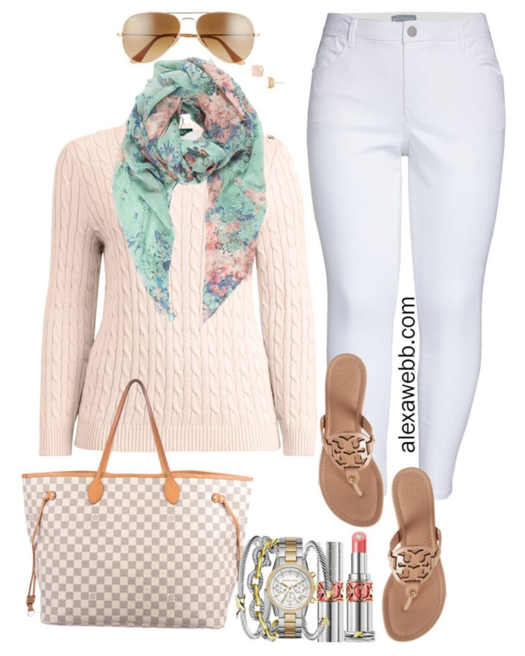 Plus Size Early Spring Outfit Ideas with White Jeans, Blush Pink Cable knit Sweater, Floral Scarf, Tory Burch Sandals, and Louis Vuitton Neverfull - Alexa Webb

#LTKPlusSize #LTKStyleTip #LTKSeasonal