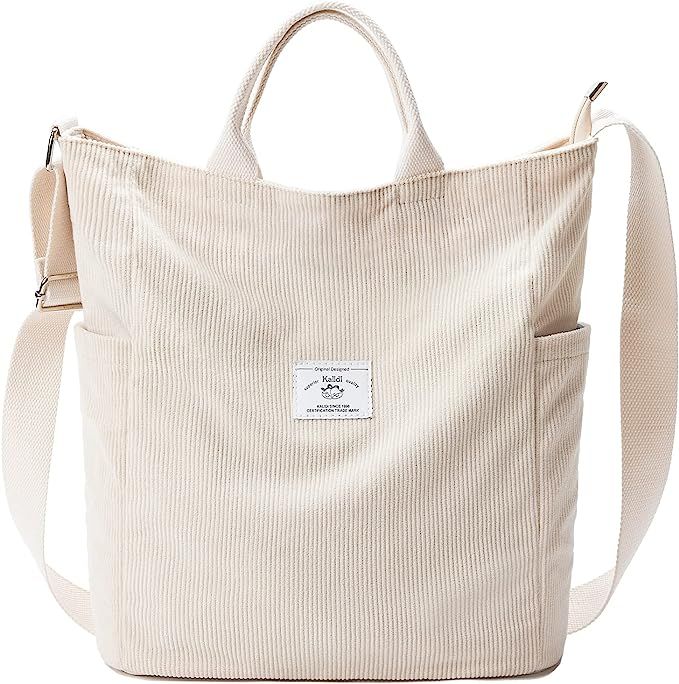 KALIDI Corduroy Tote Bag, Zipper Messenger Bag Shoulder Hobo Crossbody Bag Casual Work Colledge S... | Amazon (US)
