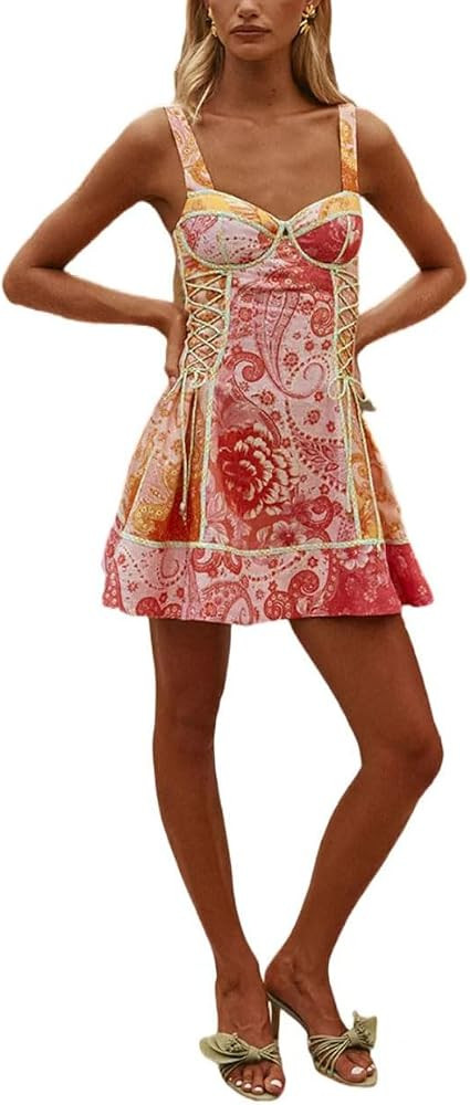 Women's Sleeveless Sweetheart Neck Lace Up Printed Ruched Bodycon Sexy Party Vacation Mini Dress | Amazon (US)