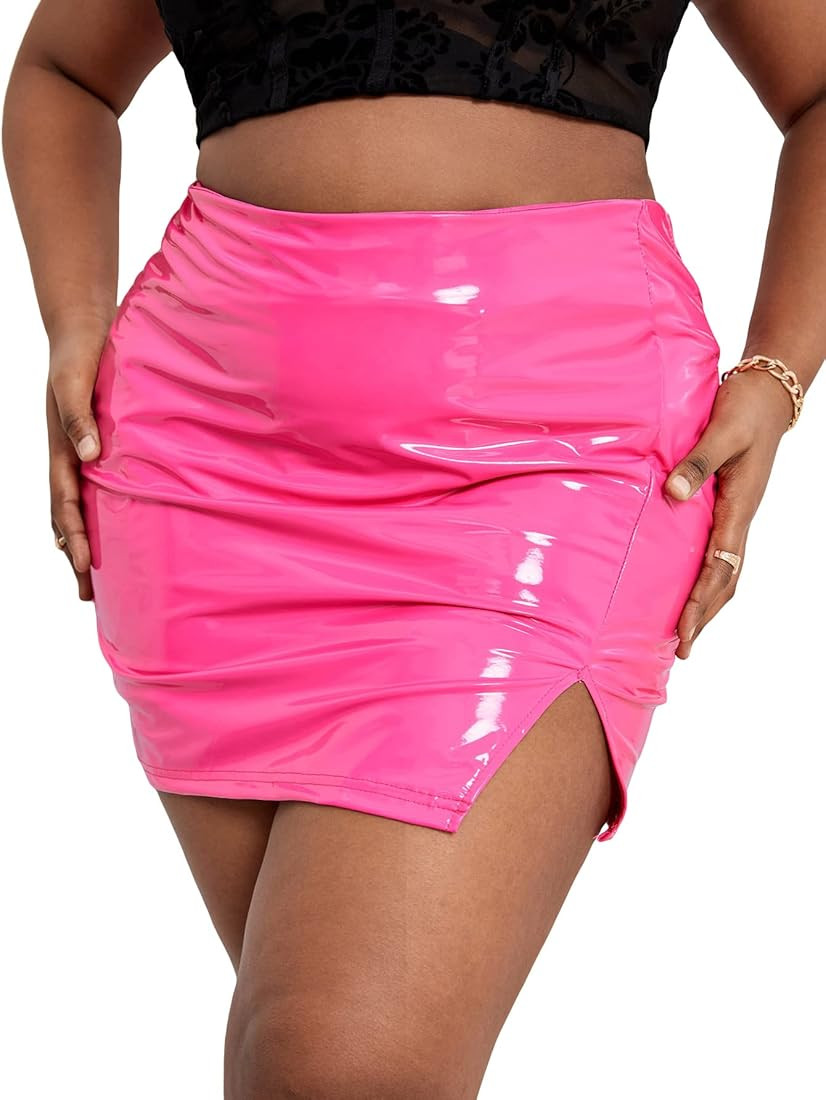 MakeMeChic Women's Plus Size PU Leather Skirt High Waist Split Mini Bodycon Skirt | Amazon (US)