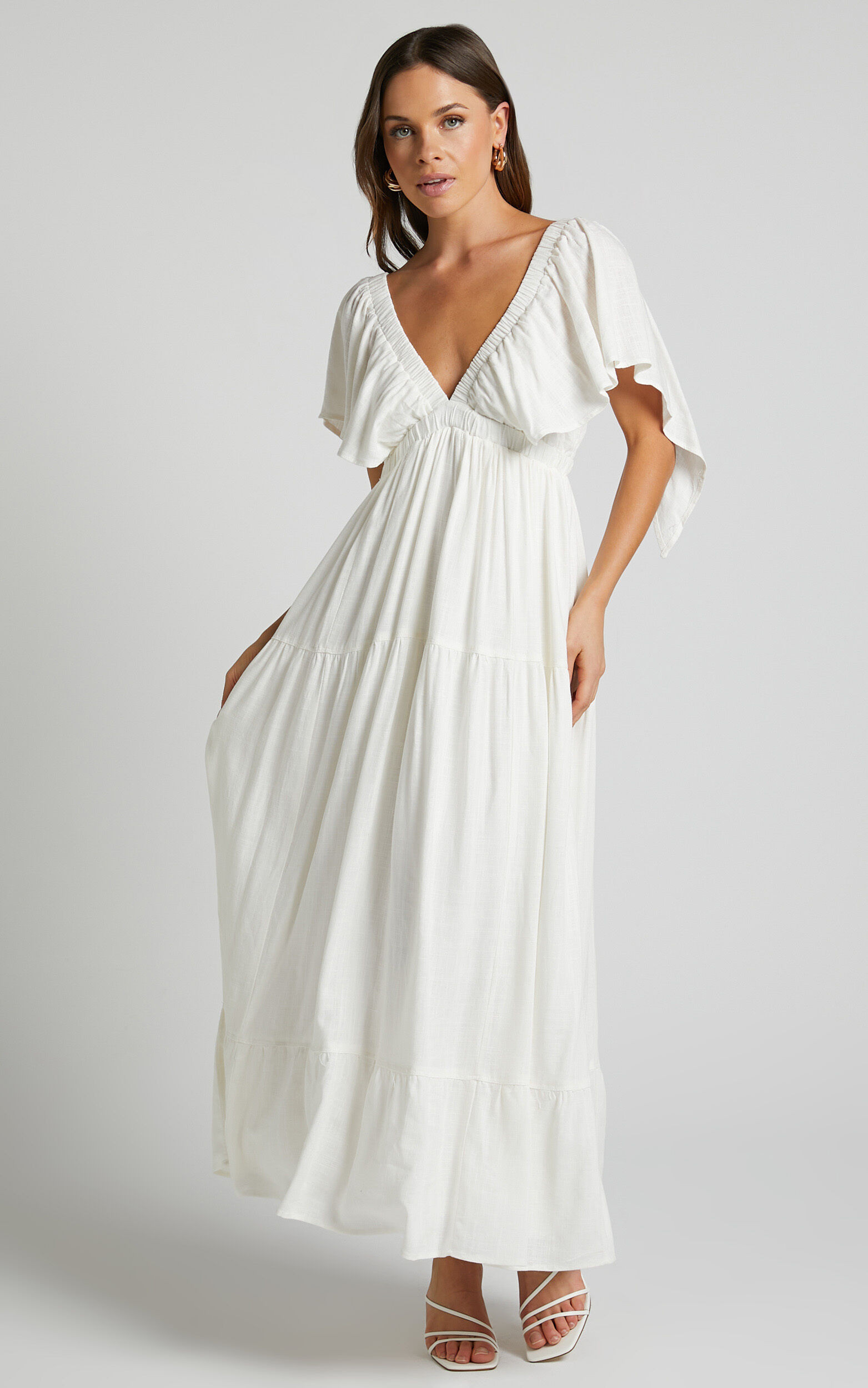 Lyrad Midi Dress - Linen Look Empire Waist Textured Dress in White | Showpo (US, UK & Europe)