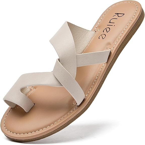 Women's Flat Slides Sandals, Summer Flip Flops Comfort Round Open Toe Slip On Strap Thong Beach S... | Amazon (US)