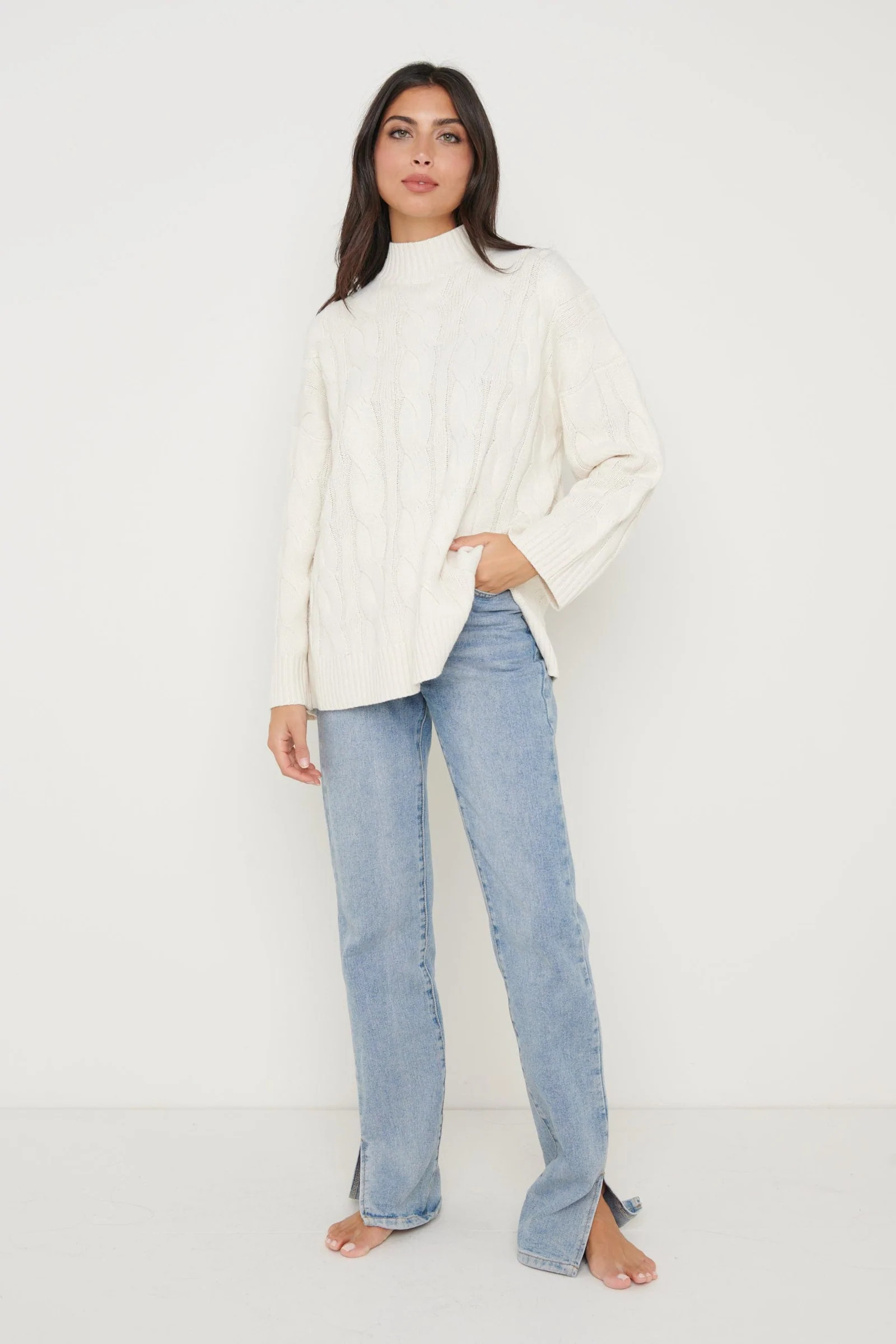 Caprice Cable Knit Roll Neck Jumper - Cream | Pretty Lavish (UK)