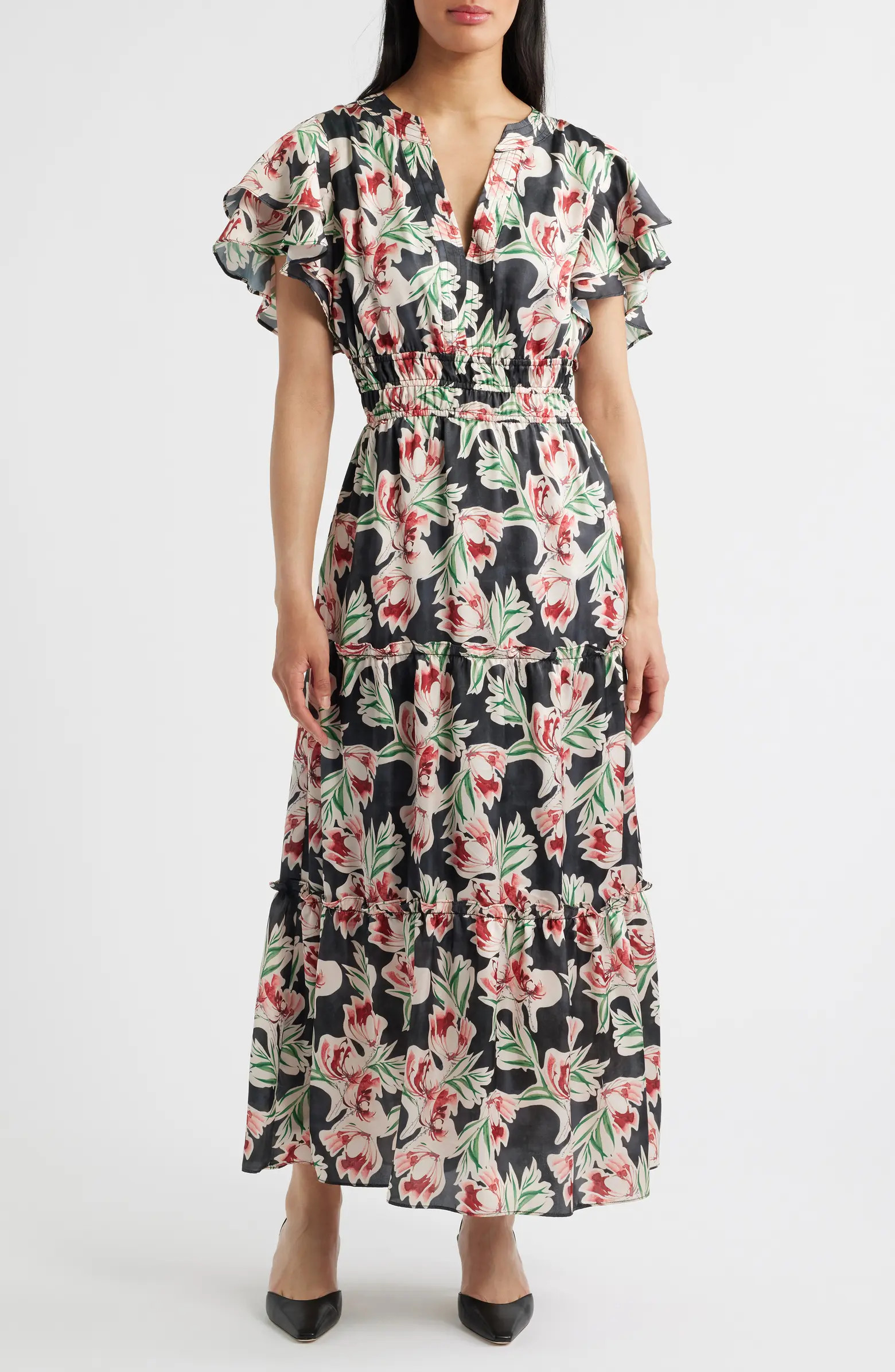 Julia Jordan Floral Tiered Split Neck Ruffle Sleeve Satin Dress | Nordstrom | Nordstrom