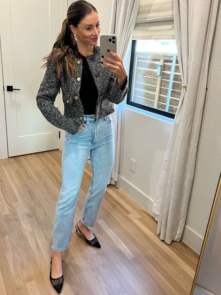 This outfit makes me so happy! These jeans are super flattering + high waisted. True to size! Loving the tweed jacket, this is a very versatile piece for fall/winter! Size small in jacket + bodysuit 

#LTKfindsunder50 #LTKfindsunder100 #LTKstyletip