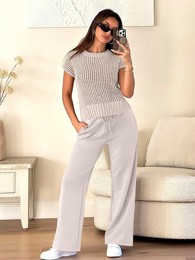 ANRABESS Women Two Piece Outfits Crochet Sheer Knit Sweater Top Wide Leg Pants Lounge Matching Se... | Amazon (CA)