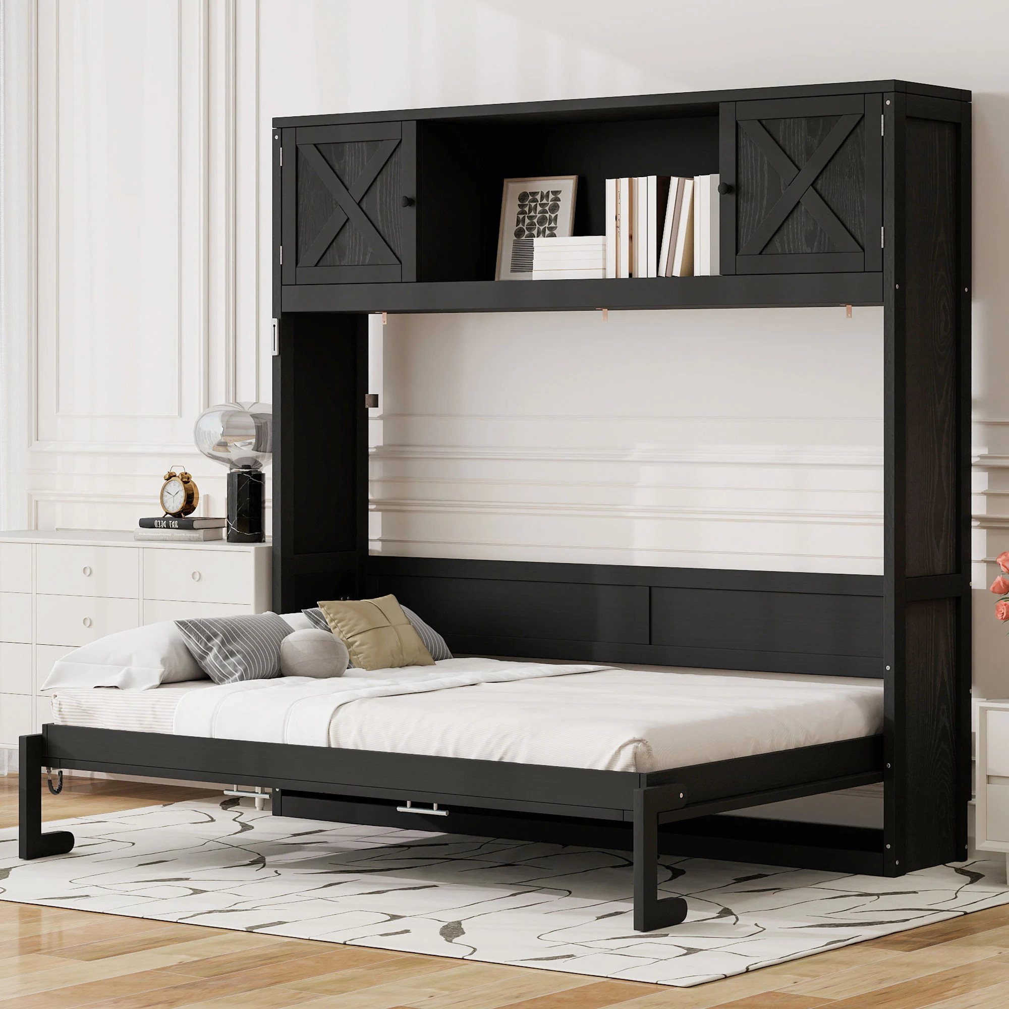 GDFStudio Queen Size Murphy Bed with Storage Cabinets in Black Space-Saving Wall Bed with Shelves Rustic Style one_size | 359840 | Lowe's