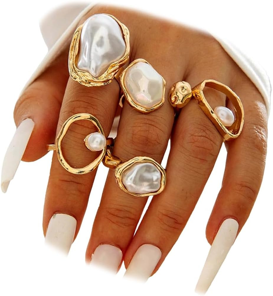 Gold Chunky Stackable Baroque Pearl Rings Set for Women, Retro Irregular Round Oval Pearls Non Ta... | Amazon (US)