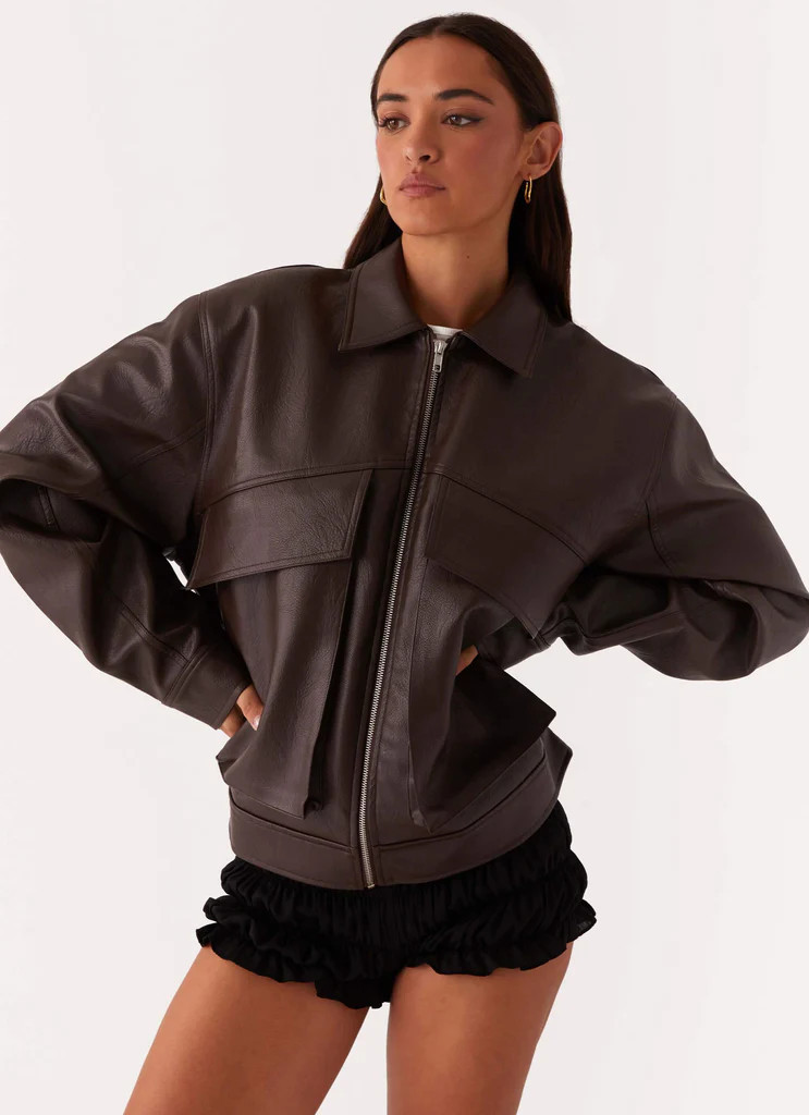 Lula Faux Leather Bomber Jacket - Chocolate | Peppermayo (Global)