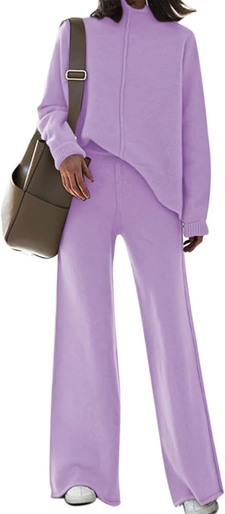 Meenew Women's High Neck 2 Piece Sweatsuit Long Sleeve Knit Sweater Tops Wide Leg Pants Set Outfi... | Amazon (US)