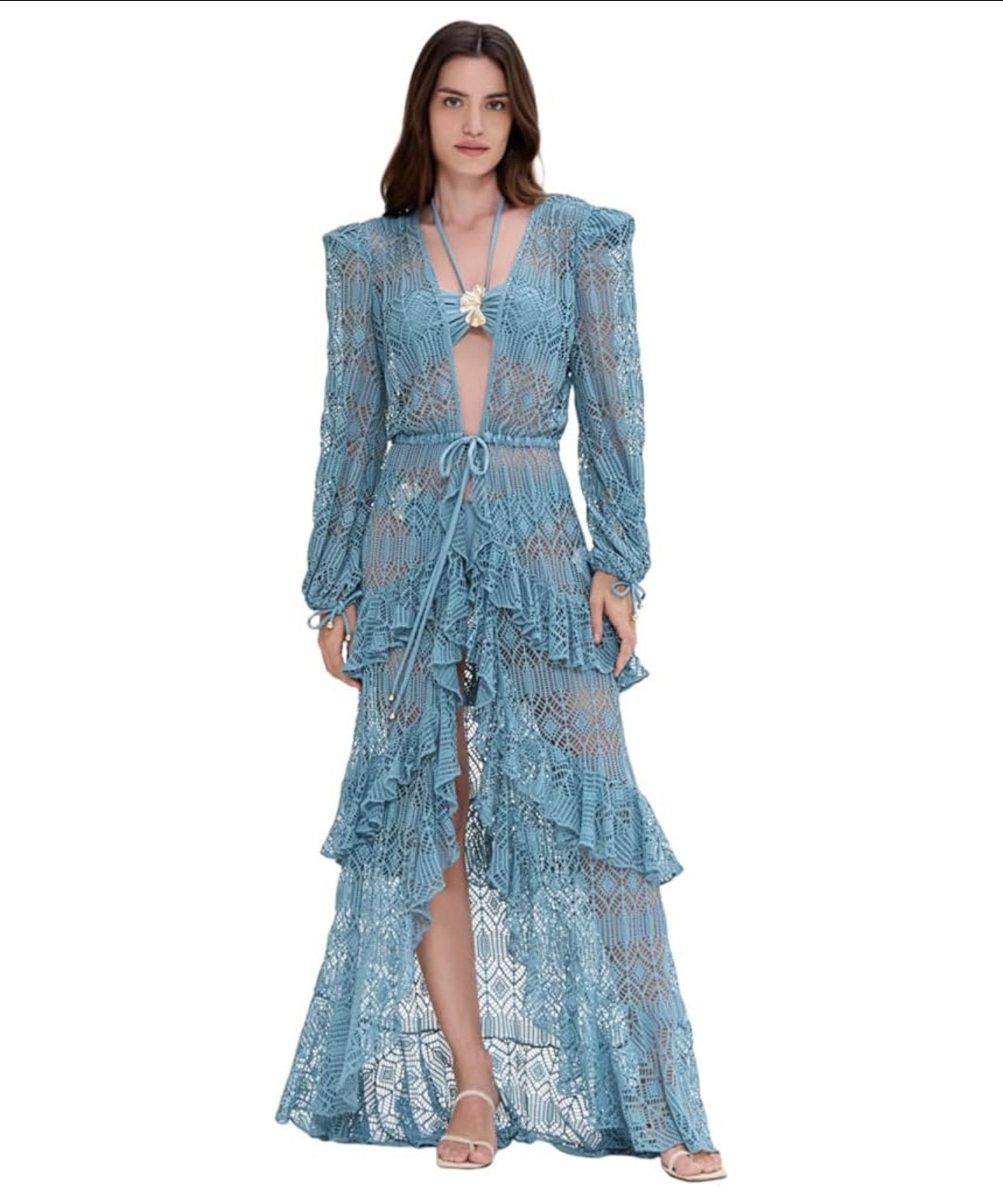 This robe features our Seashell Lycra fabric for a full length design with structured shoulders and balloon sleeves coming to a cinch at the wrists, tie closure at the waist and ruffled skirt.

#LTKSaleAlert #LTKSwim #LTKParties
