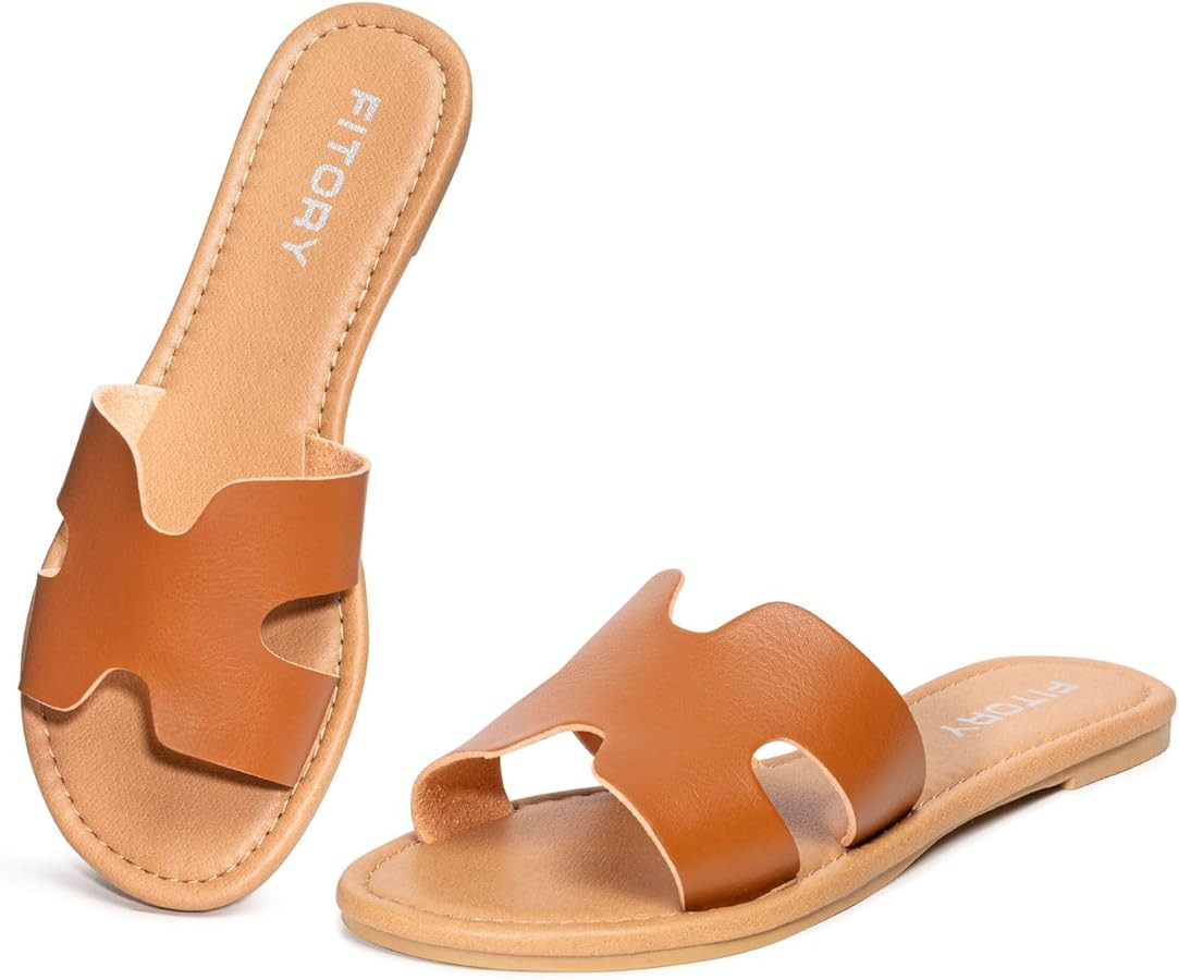 FITORY Women's Comfortable Dressy Leather Flat Sandals - Stylish & Beautiful Summer Slides Size 6... | Amazon (US)