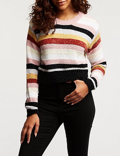 Chenille Striped Pullover Sweater Chenille Crew Neck Pullover Sweater Striped Pullover Sweater V Nec | Charlotte Russe