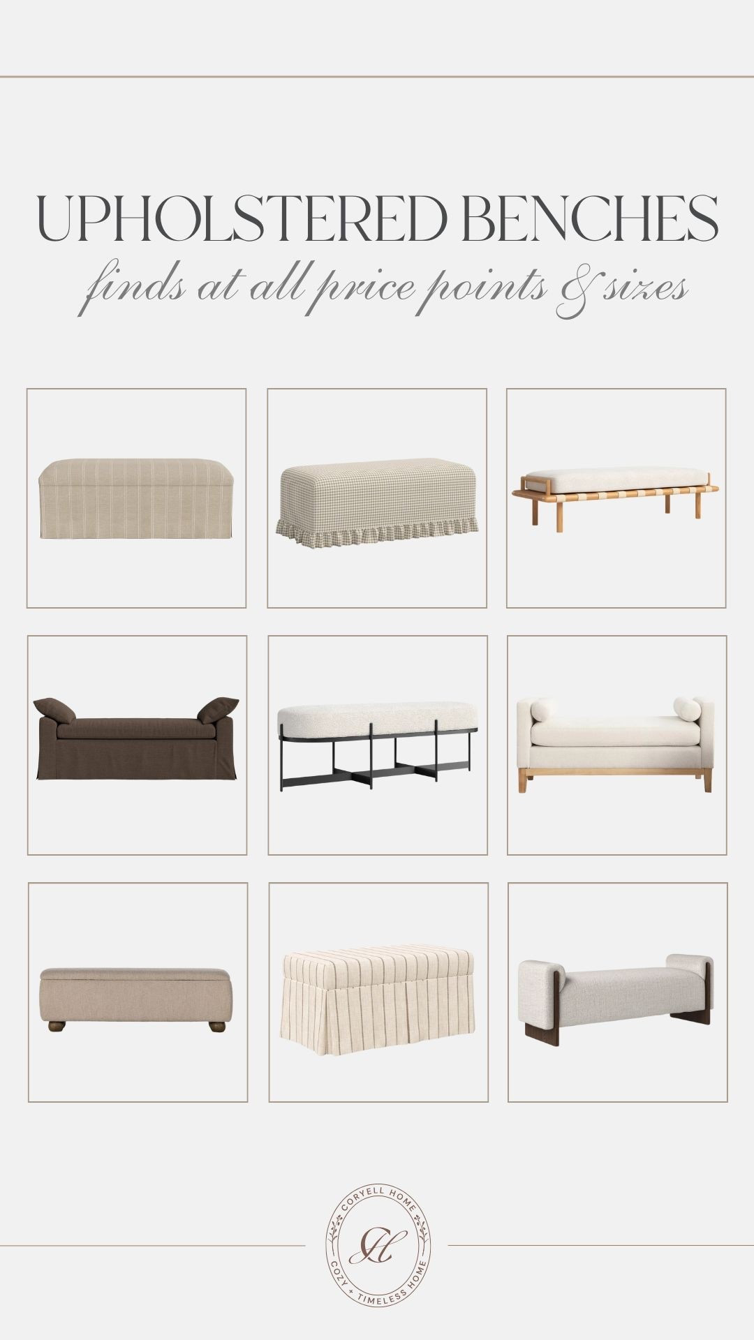 Creating a soft landing moment with an upholstered bench! I love the variation in size, fabric, and details. Style in an entryway, at the end of a bed, behind a sofa, or in a dining room! 

#LTKHome #LTKStyleTip