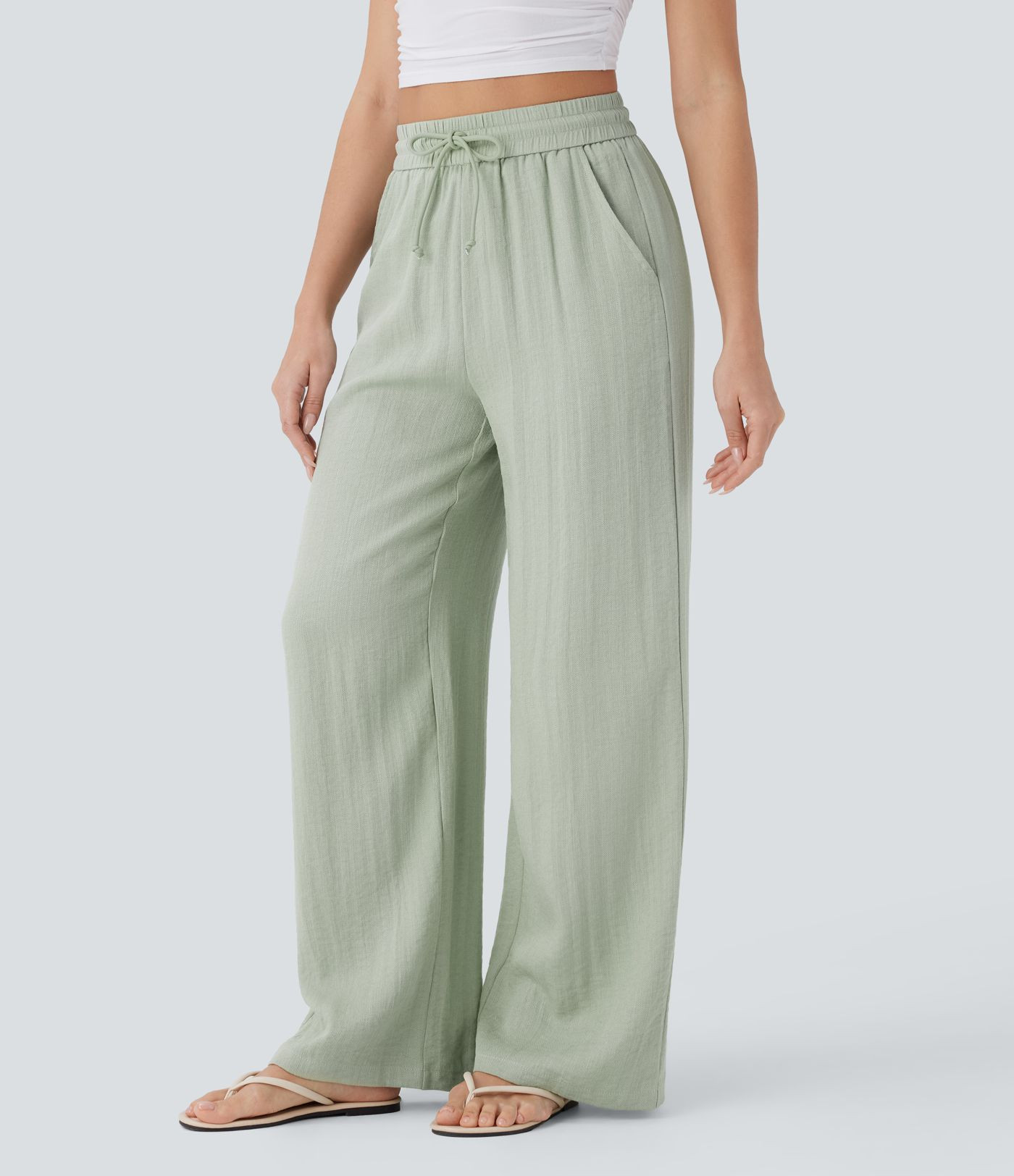Women’s High Waisted Drawstring Pocket Wide Leg Casual Linen-Feel Pants - Halara | HALARA