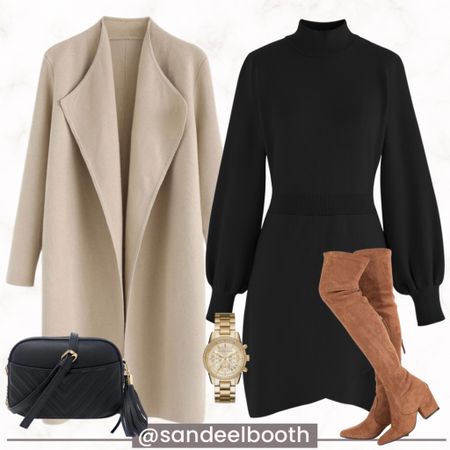 Classy date night outfit 
Black sweater dress
Cream fall coat 
Over the knee boots
Black crossbody purse

#LTKstyletip #LTKitbag #LTKunder50