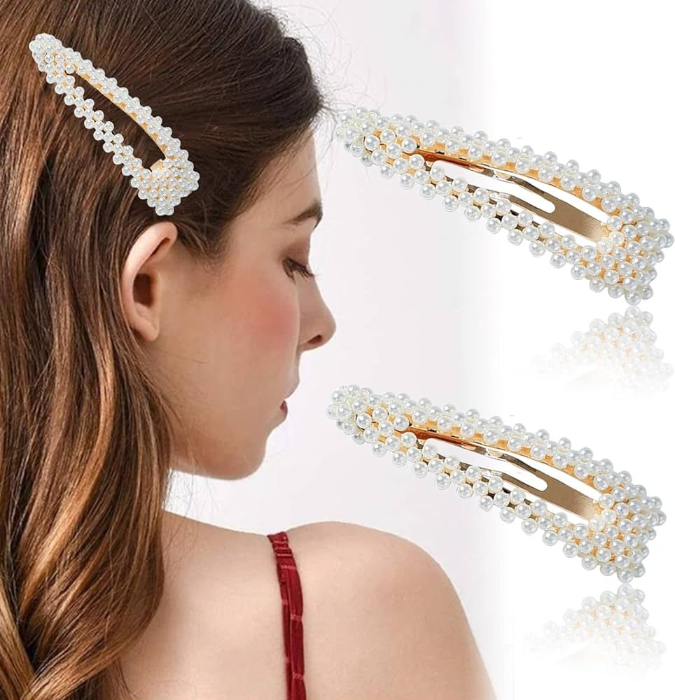 Elegant Pearl Hair Clips - 2Pcs Handmade Gold Snap Clips - Faux Pearls Hair Barrettes for Thick H... | Amazon (US)