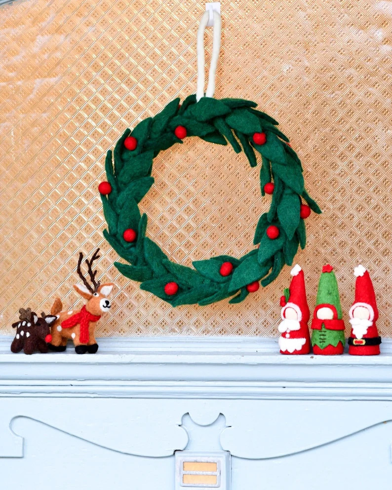 Felt Christmas Wreath With Red Berries Made From Wool Felt Wreath for Mantel and Door - Etsy | Etsy (US)