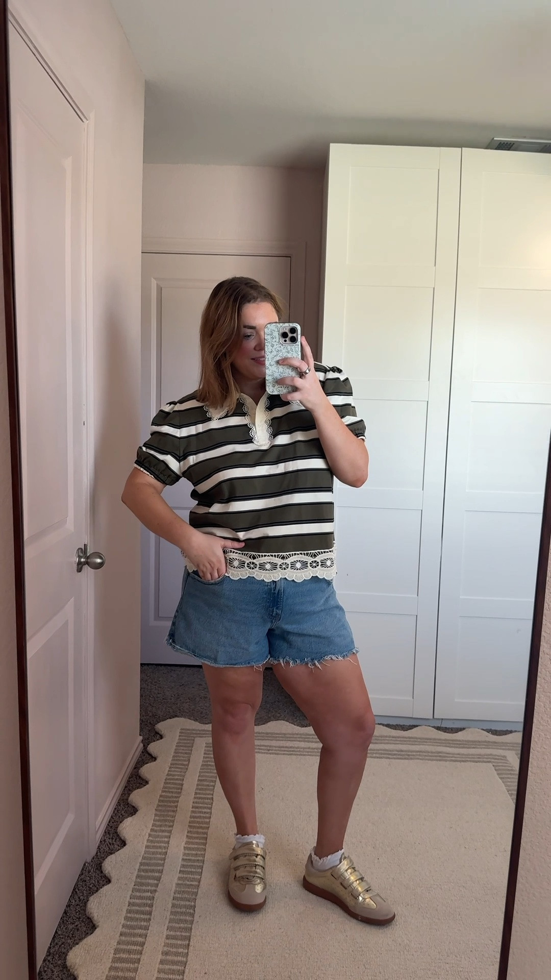 Early fall casual outfit wearing xl in rugby polo and 33 in denim shorts

#LTKootd