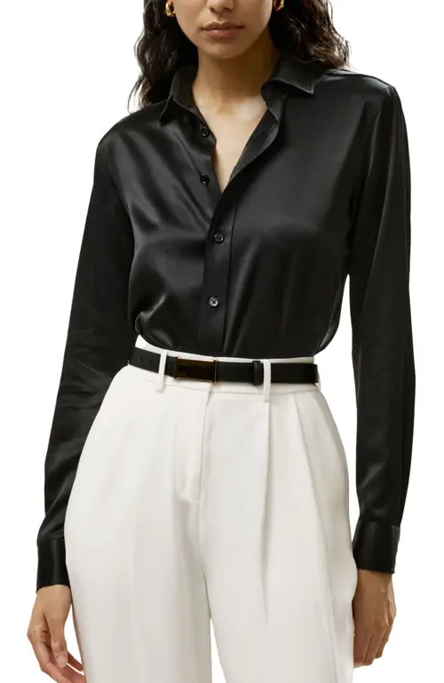 Lilysilk Tailored Button Down Silk Shirt in Black at Nordstrom, Size 12 | Nordstrom