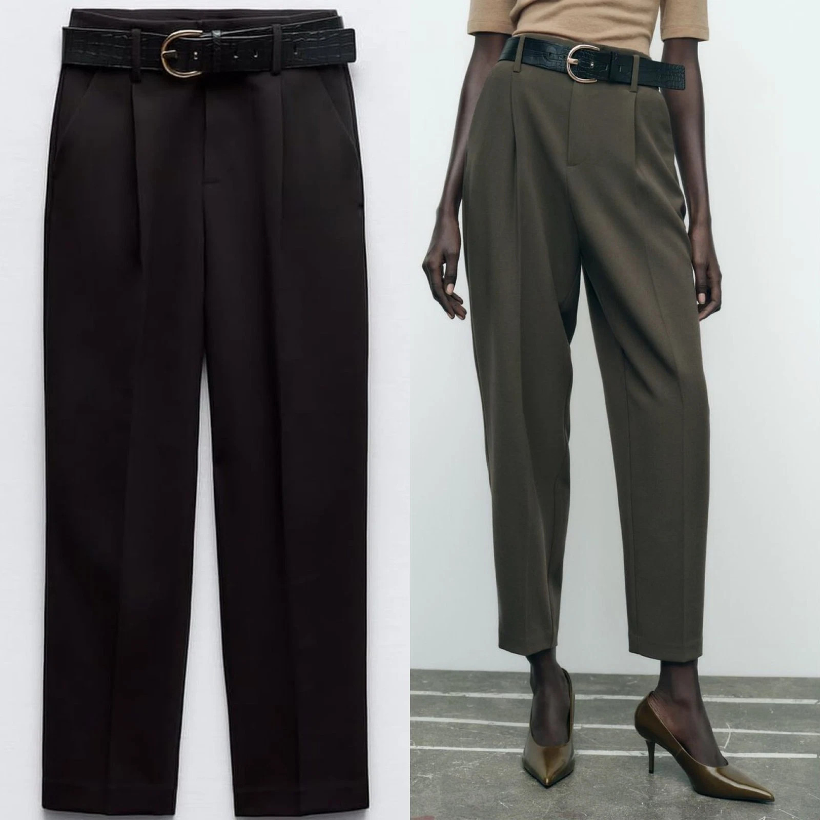 ZARA Belted High Waisted Pleated Trousers Tapered Leg Pants Women's Size Small S | eBay | eBay US