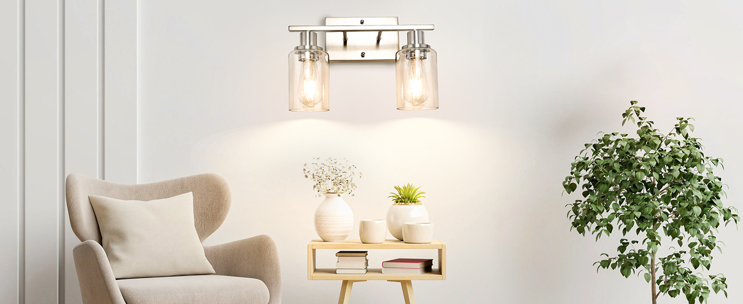 ShineTech 2-Light Bathroom Light Fixtures, Modern Vanity Lights with Clear Glass Shade, Brushed N... | Amazon (US)
