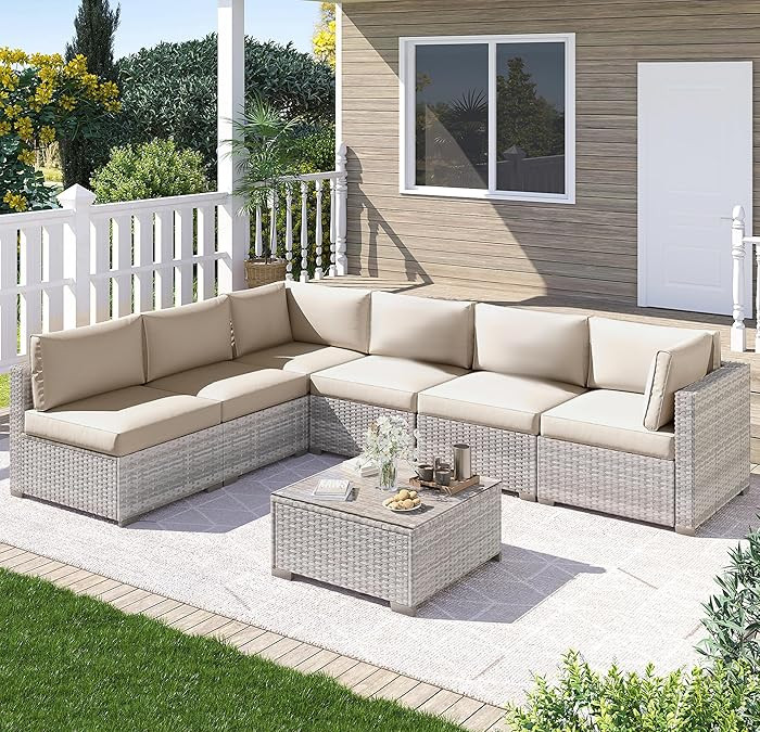 7 Piece Outdoor Patio Furniture Set, Outdoor Sectional Furniture, Rattan Chairs Glass Table Wicke... | Amazon (US)
