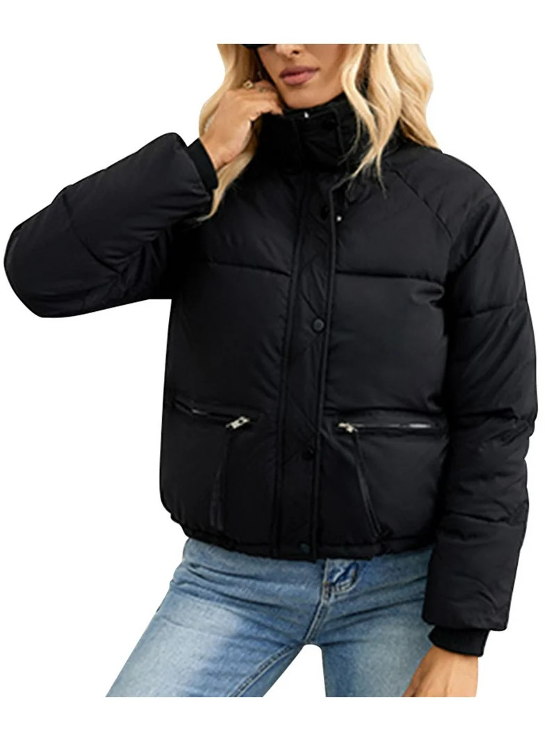 IWEMEK Women Coats Casual Winter Quilted Jackets for Womens Comfort Plain Black Jacket Highneck L... | Walmart (US)