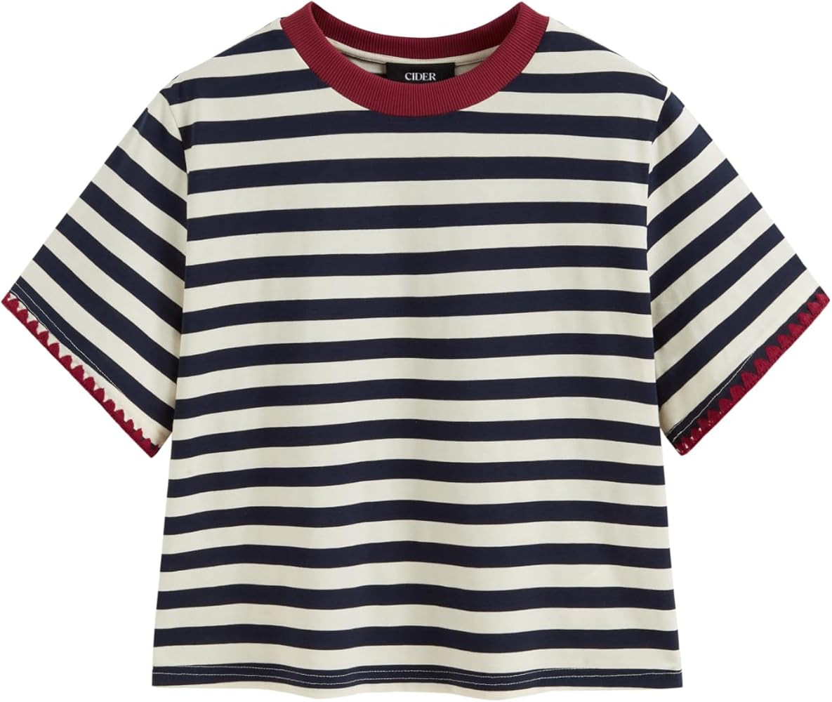 CIDER Women Stripe Crop Top Oversized Summer Crew Neck T-Shirt Cotton-Blend Short Sleeve Tee | Amazon (US)