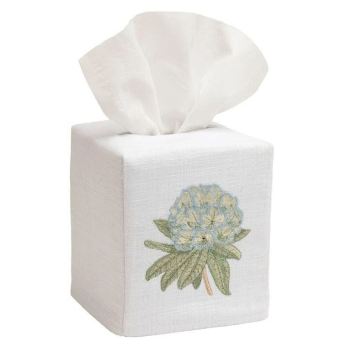 White Linen and Cotton Tissue Box Cover with Embroidered Blue Rhododendron | The Well Appointed House, LLC
