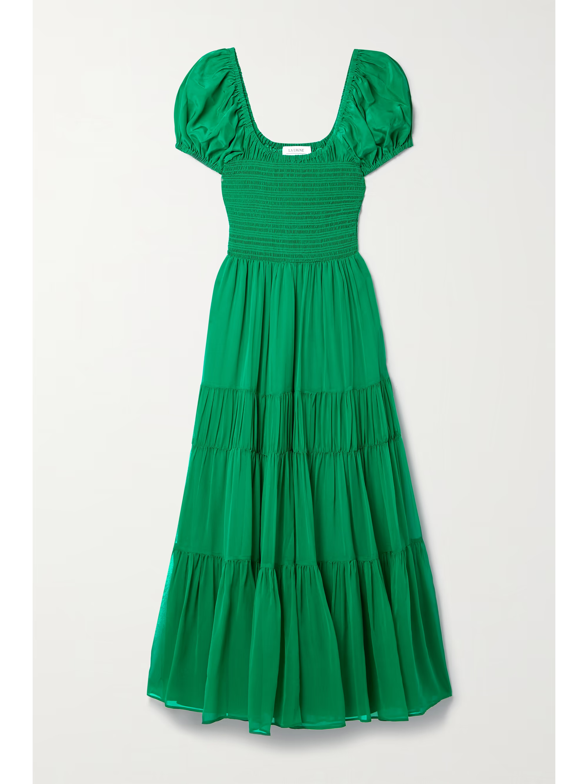 Green Valentina shirred silk-chiffon and charmeuse midi dress | LA LIGNE | NET-A-PORTER | NET-A-PORTER (US)