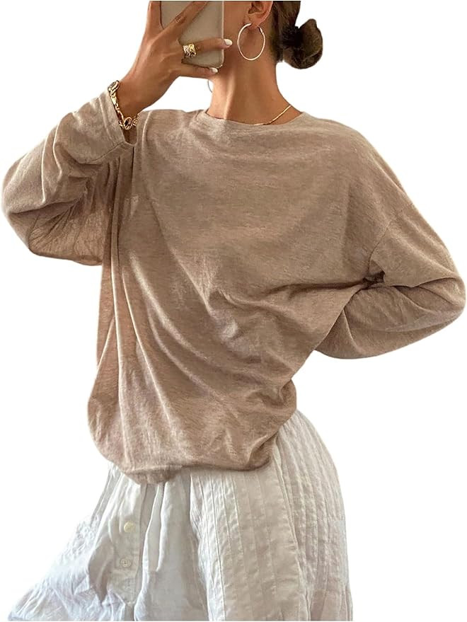 Milumia Women's Sheer Long Sleeve Oversized Tops Drop Shoulder Casual Tee T Shirts | Amazon (US)